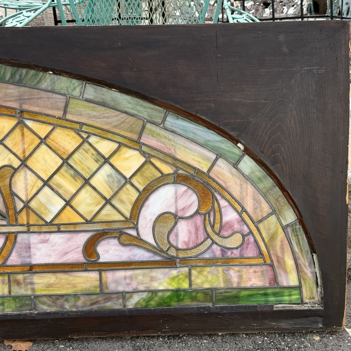 Antique Art Nouveau Colored Stained Glass Fruit 27 x 75 Arched Transom Window, A