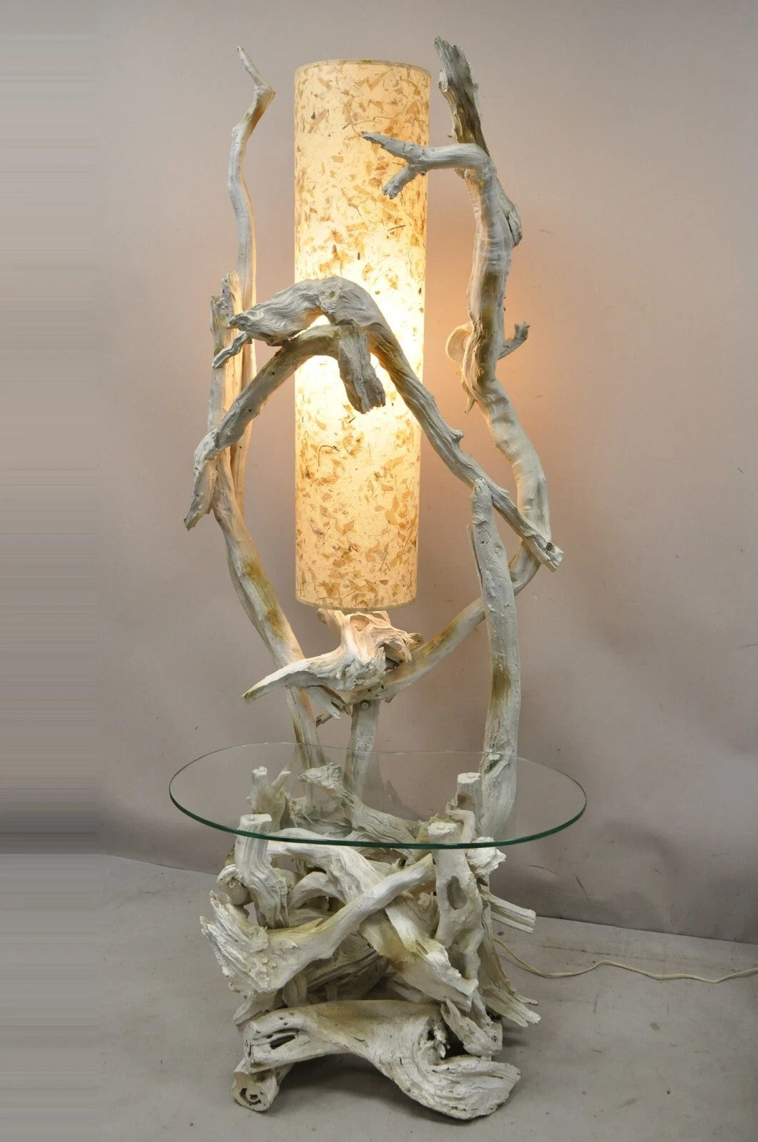 Vintage Mid Century Modern White Driftwood Kidney Glass Side Table Floor Lamp