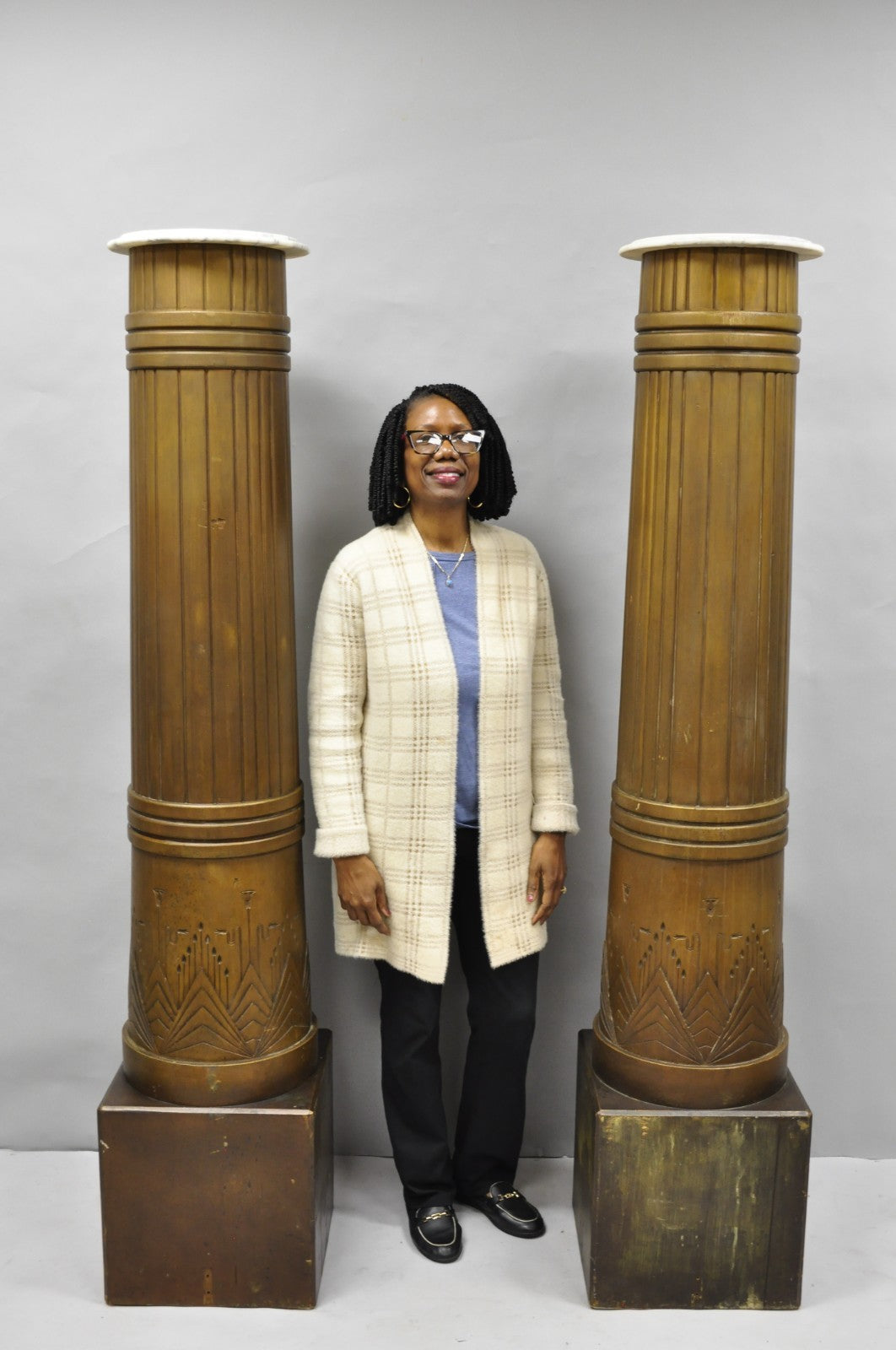 Antique Art Deco 75" Tall Wooden Pedestal Column Geometric Chevron Carved - Pair