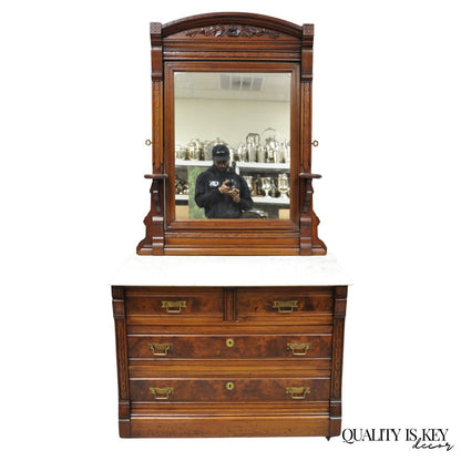 Antique Eastlake Victorian Carved Walnut Marble Top Washstand Dresser w/ Mirror