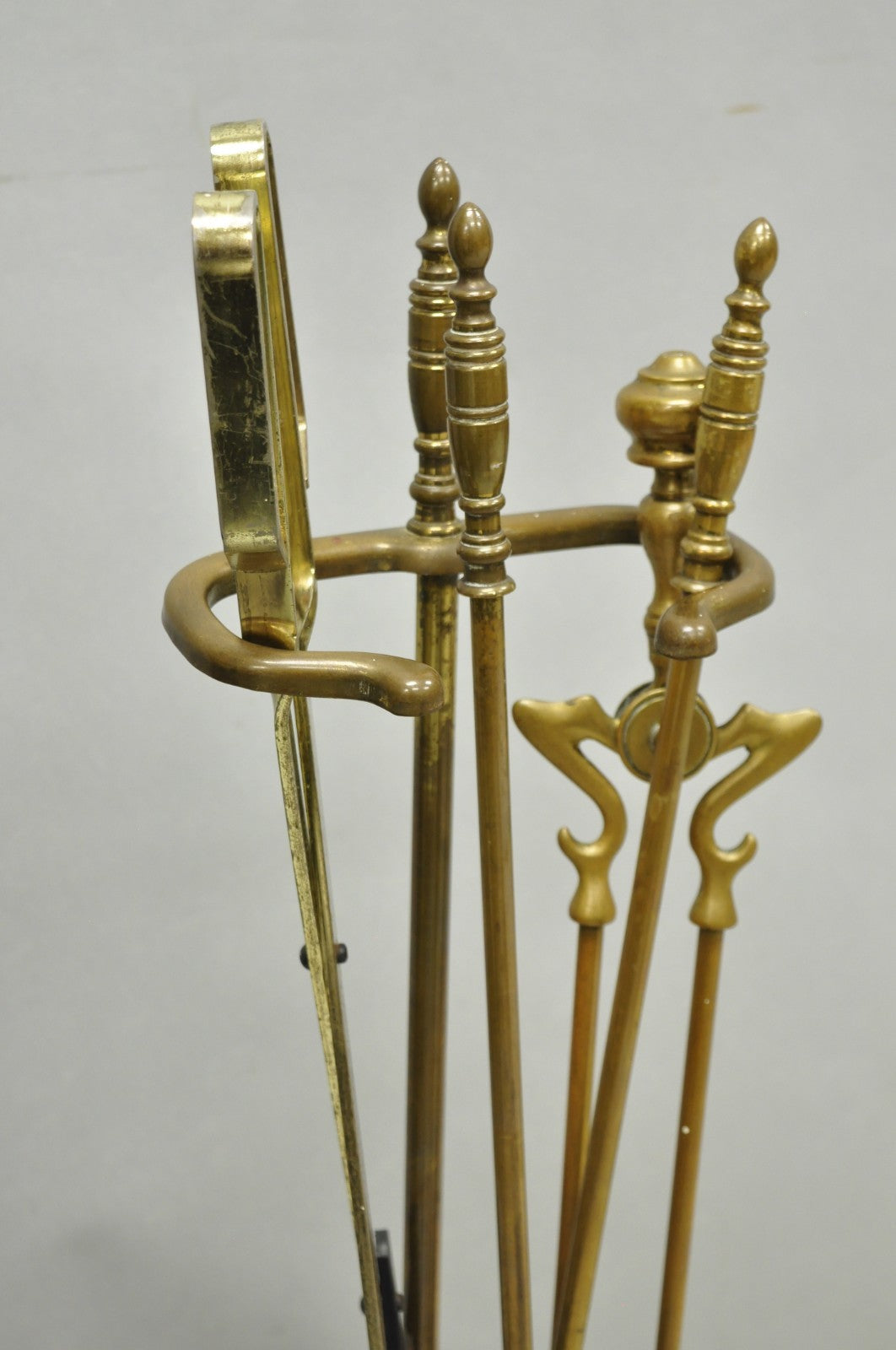Antique English Federal Brass Urn Finial Fireplace Tool Set with Stand