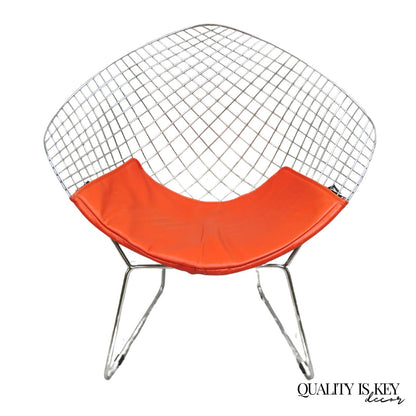 Knoll Style Bertoia Chrome Wire Metal Diamond Lounge Chair With Red Cushion