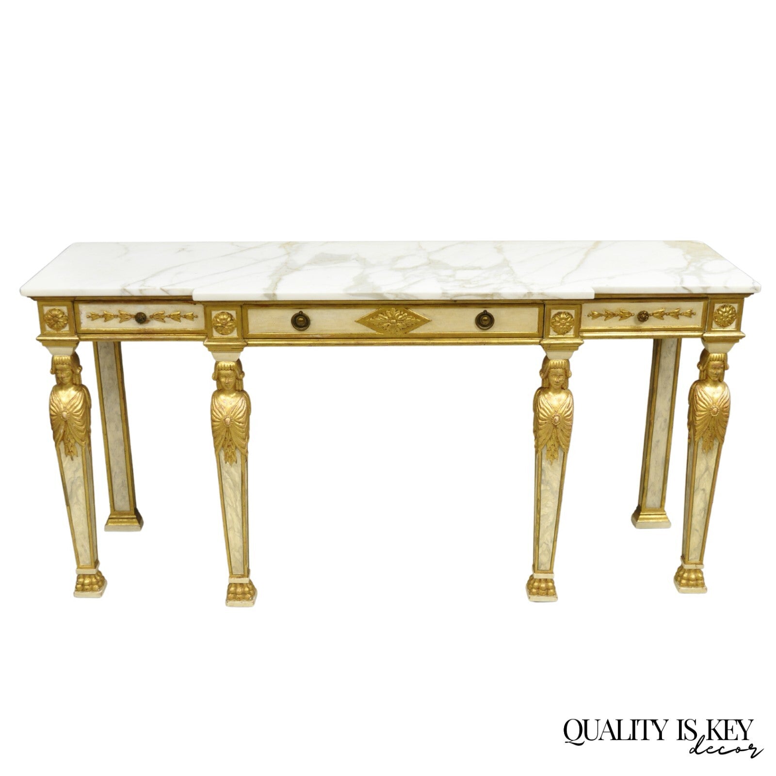 Antique Italian Neoclassical Cream & Gold Marble Top Figural Long Console Table