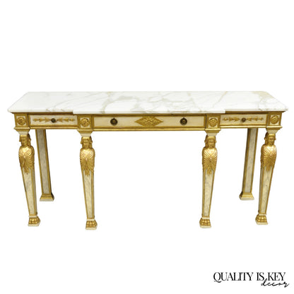 Antique Italian Neoclassical Cream & Gold Marble Top Figural Long Console Table