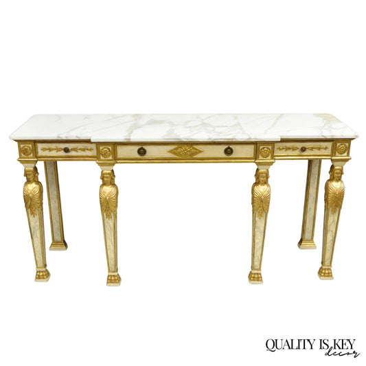 Antique Italian Neoclassical Cream & Gold Marble Top Figural Long Console Table