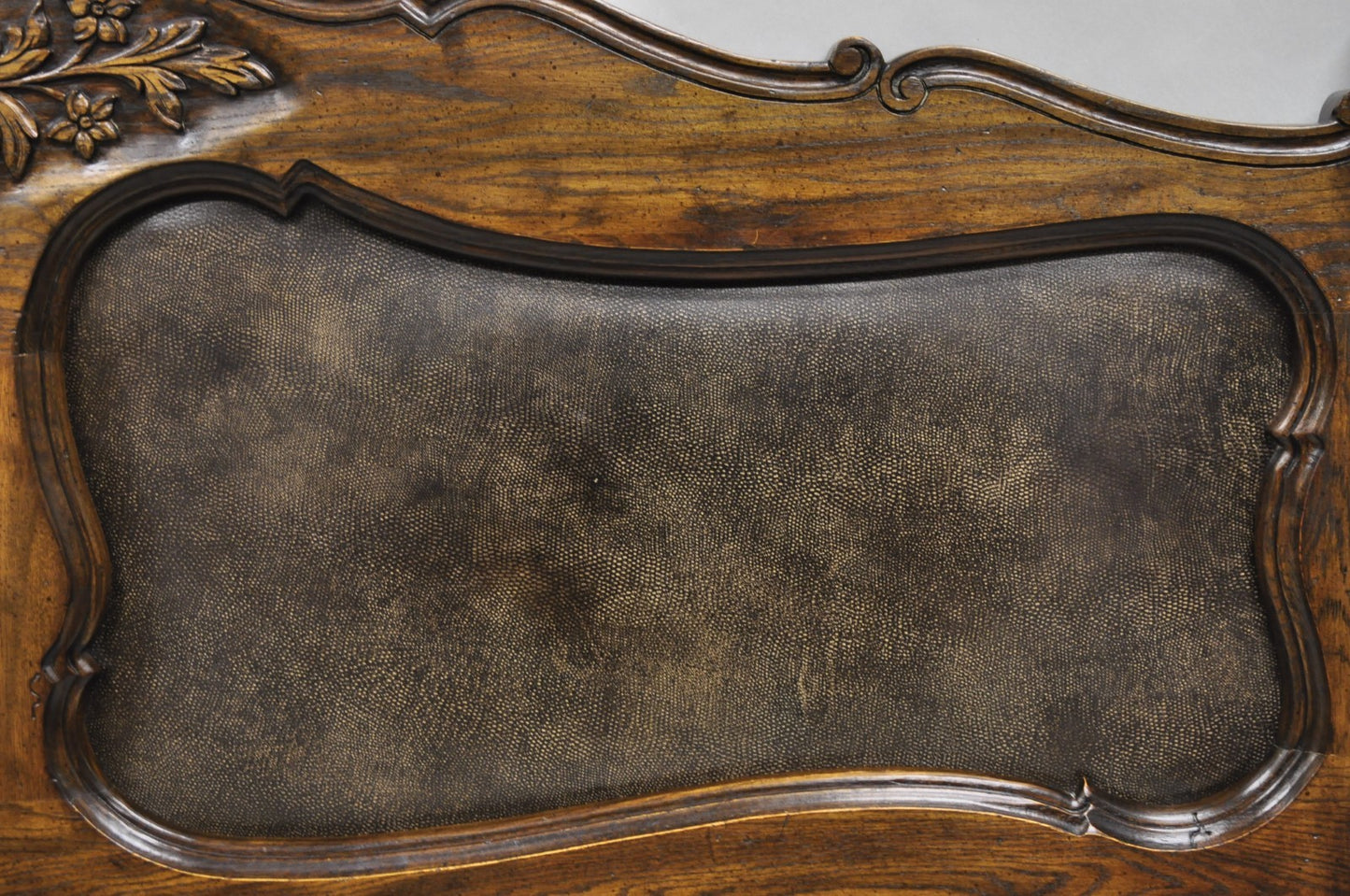 Vintage French Country Provincial Oak Wood Upholstered Panel King Bed Headboard