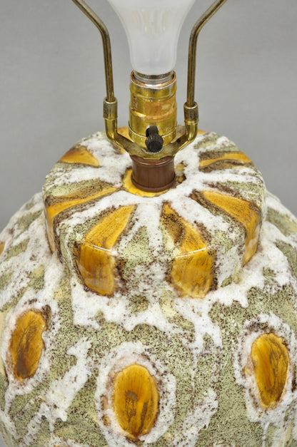 Vintage Mid Century Modern Green Bulbous Ceramic Pottery "Tigers Eye" Table Lamp