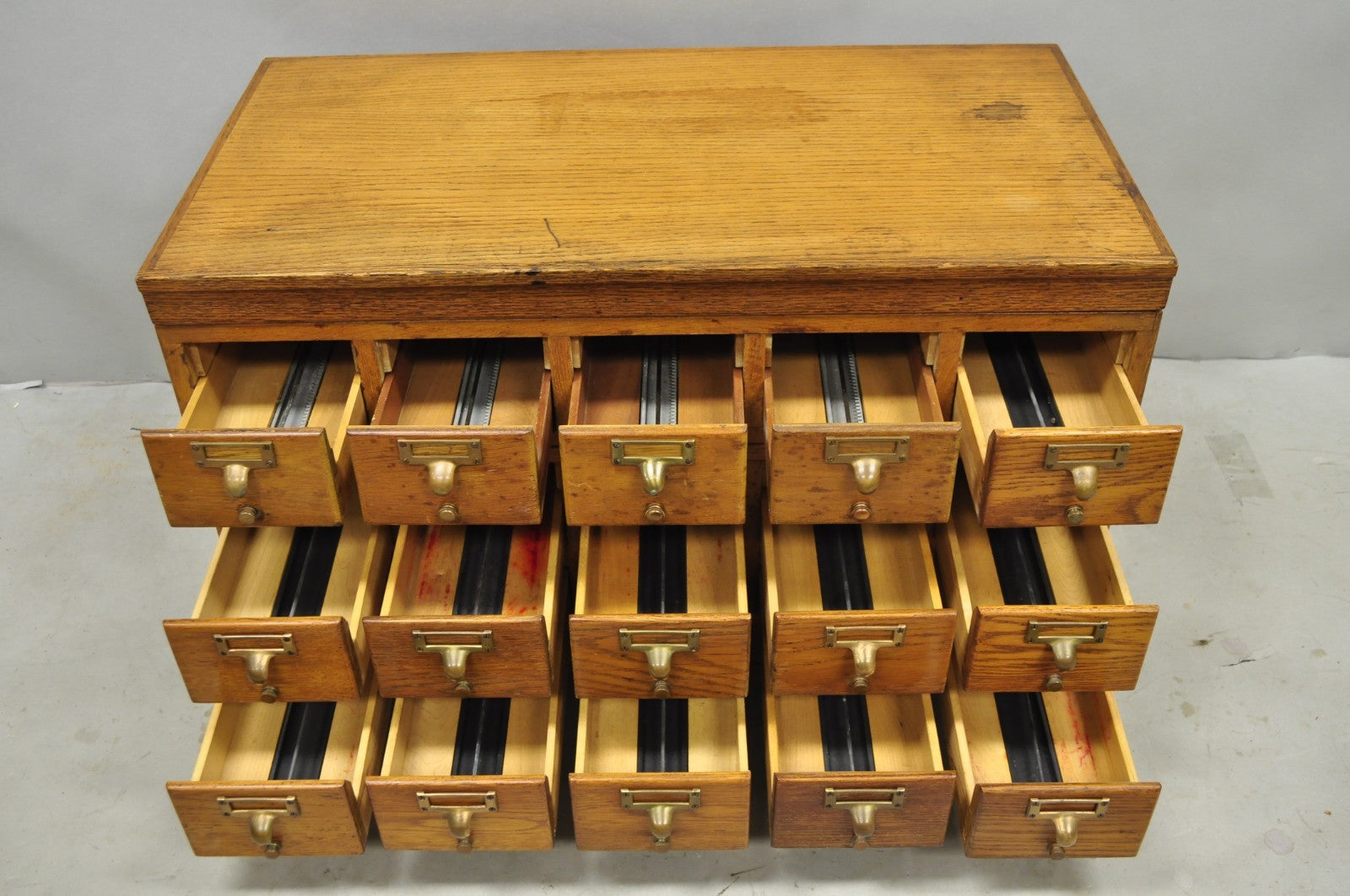 Antique Arts & Crafts Library 15 Drawer Mission Oak Stacking Card File Cabinet