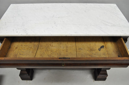 Antique French Empire Mahogany White Marble Top Console Hall Table w/ Drawer