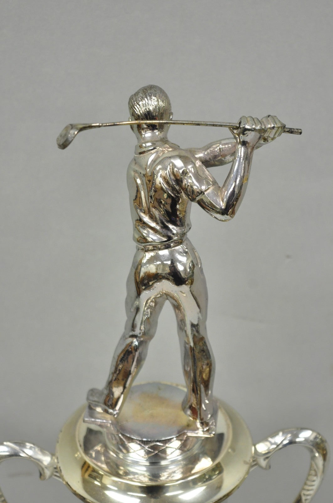 Vintage 1970s Art Deco Silver Metal Marble & Wood Figural Golf Trophy Award Cup