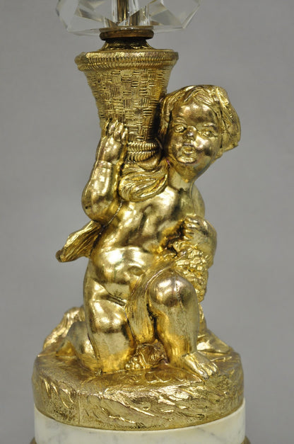 Vintage French Hollywood Regency Gold Cherub Crystal Glass Globe Table Lamp