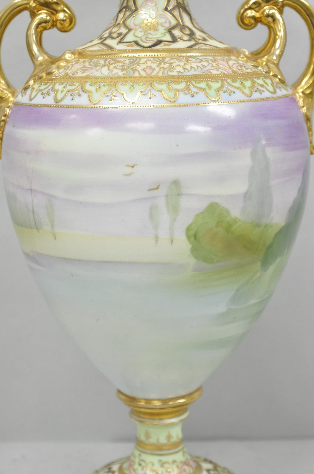 Antique Nippon Hand Painted Cottage Lake Porcelain Twin Handle Bolted Urn Vase