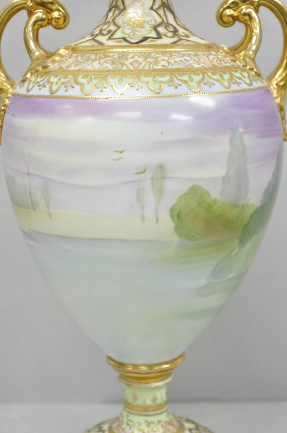 Antique Nippon Hand Painted Cottage Lake Porcelain Twin Handle Bolted Urn Vase