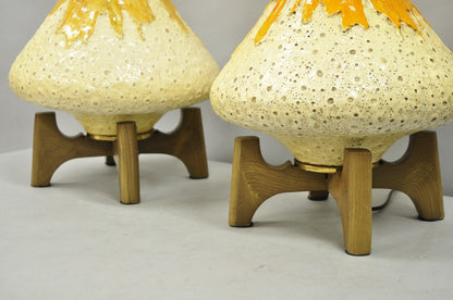 Vintage Mid Century Modern Orange Drip Glazed Ceramic Table Lamps - a Pair