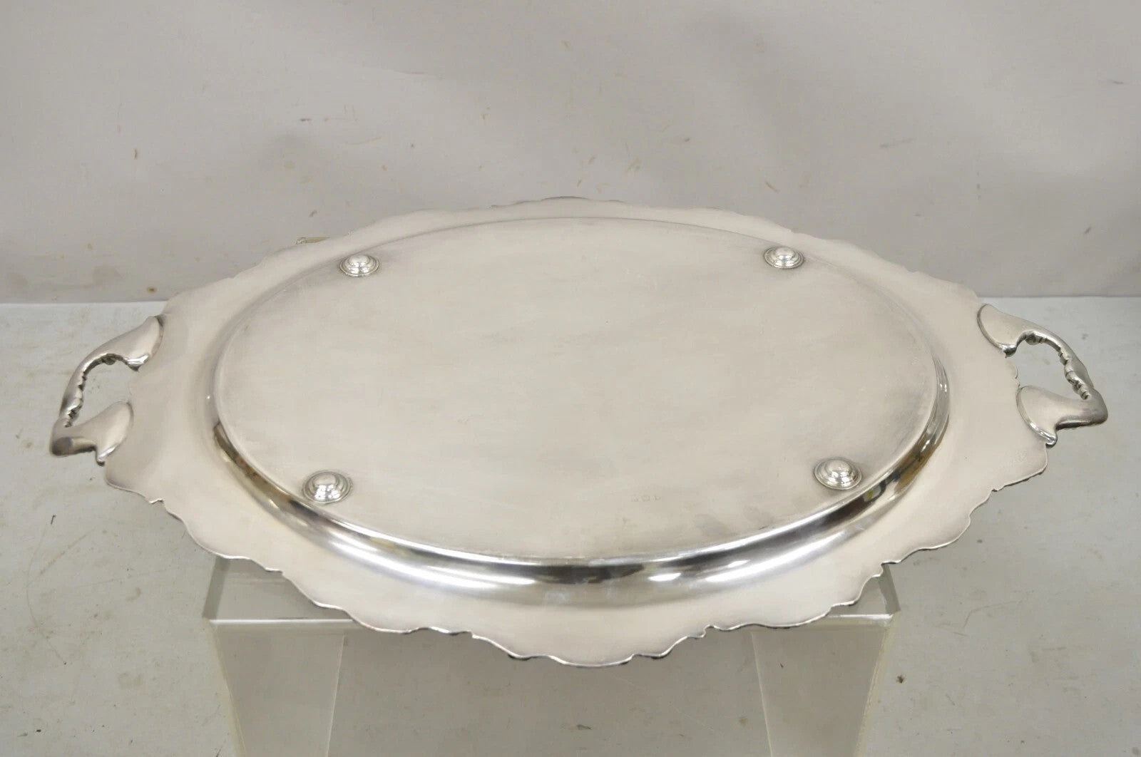 Antique English Victorian Silver Plated Large Oval Serving Platter Bar Tray