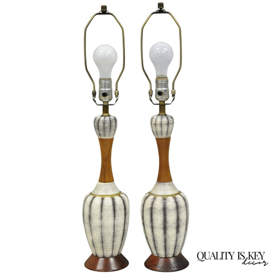 Vintage Mid Century Modern Walnut & Ceramic Small Sculptural Table Lamps - Pair