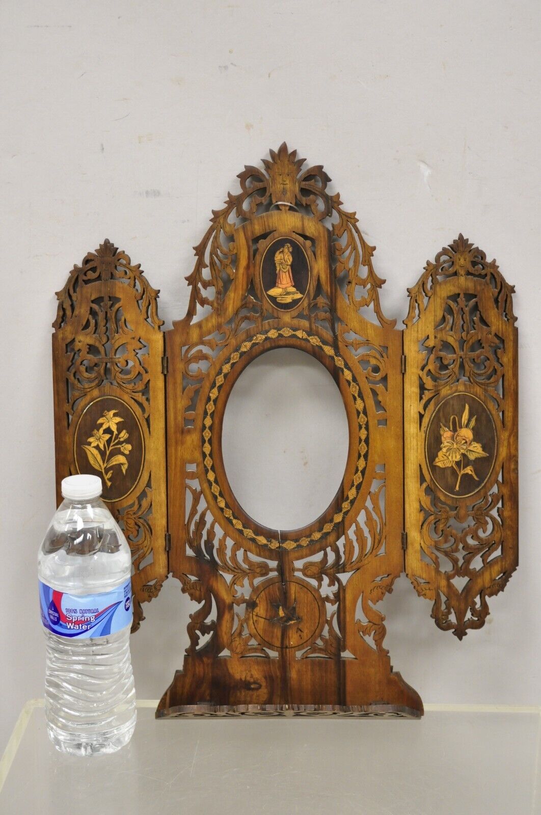 19th C Italian Sorrento Triptych Folding Inlaid Travel Mirror Easel Stand
