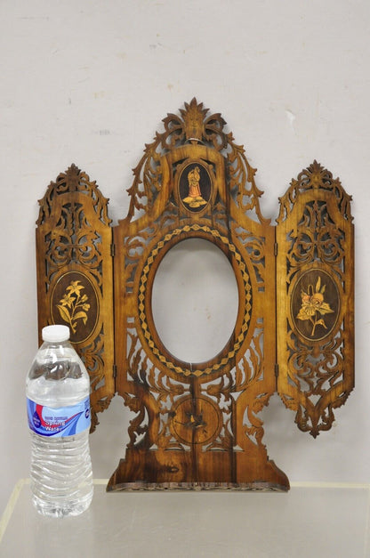 19th C Italian Sorrento Triptych Folding Inlaid Travel Mirror Easel Stand
