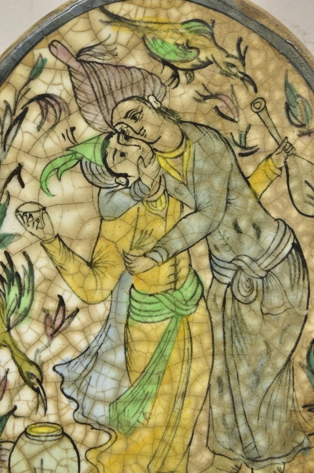 Antique Persian Iznik Qajar Style Ceramic Pottery Oval Tile Couple Embrace C3