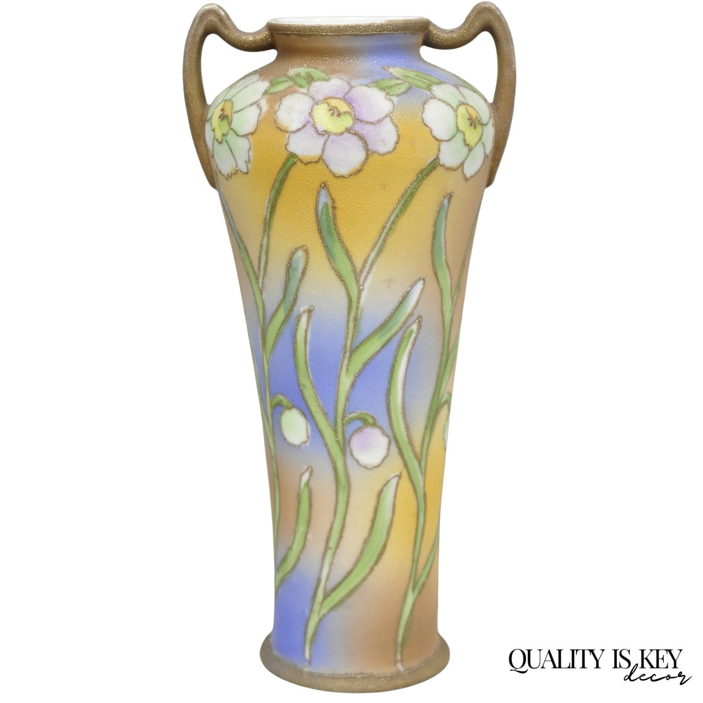 Nippon Coralene Decorated Royal Kinjo Japan Hand Painted Porcelain Handled Vase