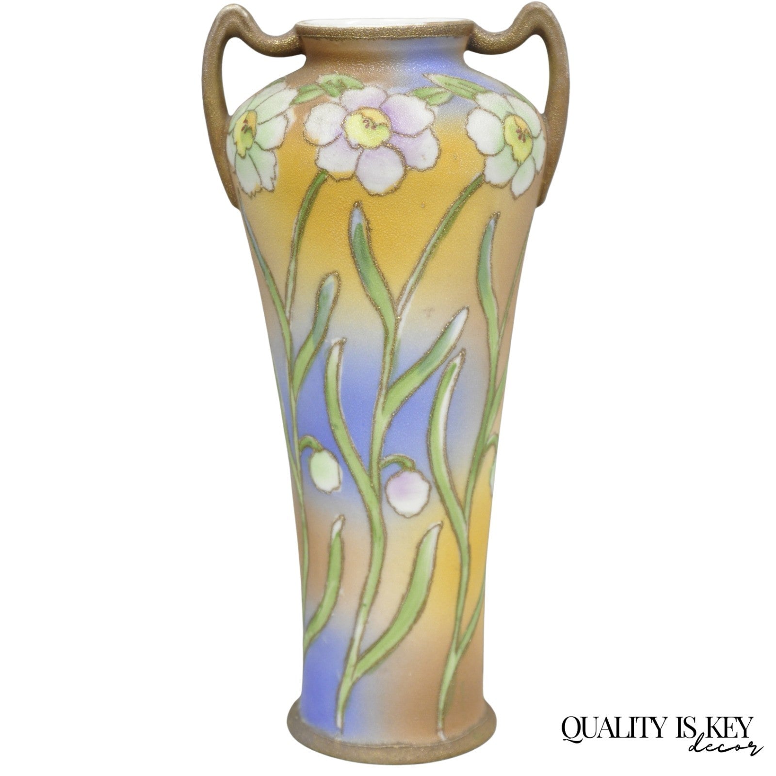 Nippon Coralene Decorated Royal Kinjo Japan Hand Painted Porcelain Handled Vase