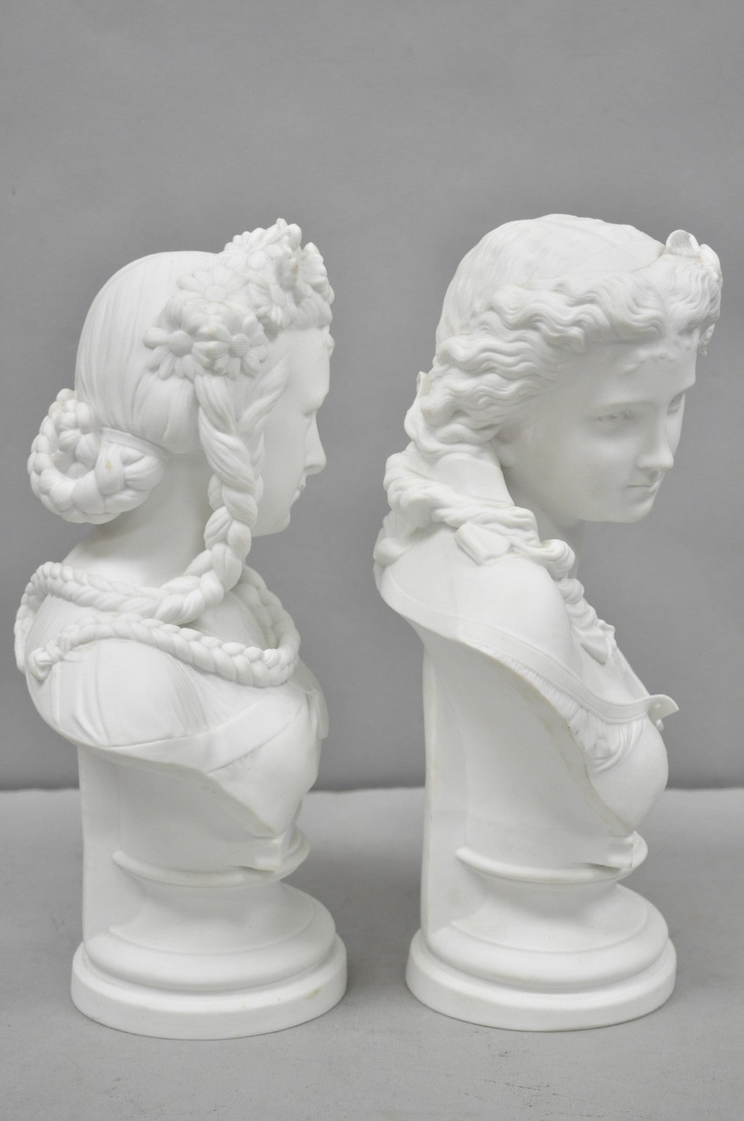 Antique French Classical Parian Porcelain 13" Goddess Female Maiden Bust - Pair