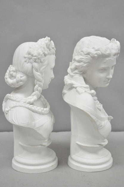 Antique French Classical Parian Porcelain 13" Goddess Female Maiden Bust - Pair