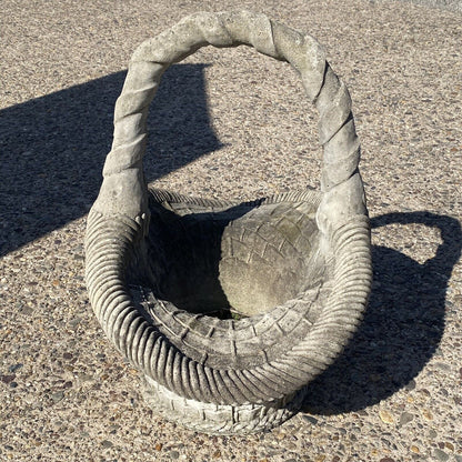 Vintage Cast Concrete Stone Large Garden Planter Woven Basket with Handle