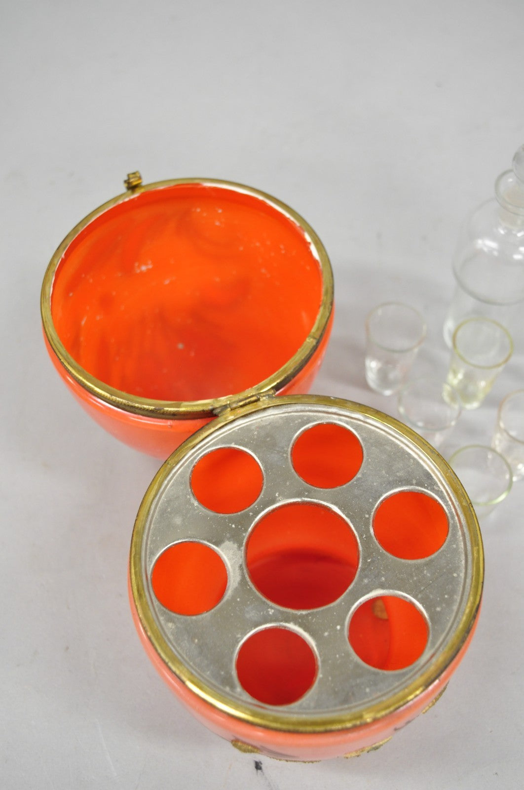 Art Deco Czech Glass Egg Orange Coralene Hinged Liquor Tantalus Cordial Set