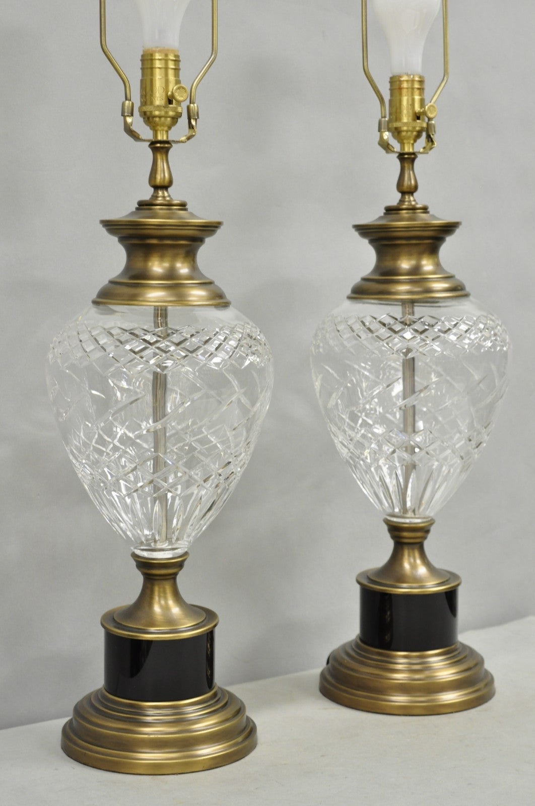 French Empire Cut Crystal Glass Urn & Brushed Brass Table Lamps by Wildwood Pair