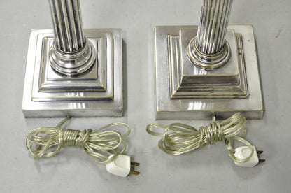French Empire English Silver Plated Corinthian Column Table Lamp - Near Pair
