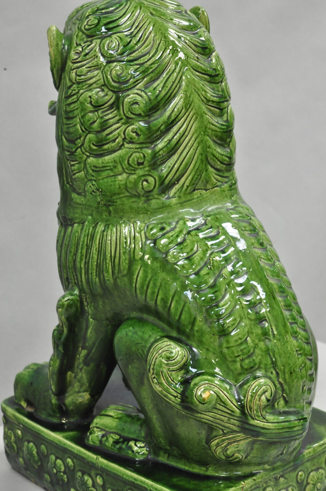 Vintage Chinoiserie Green Majolica Glazed Ceramic 24" Chinese Foo Dog Statue