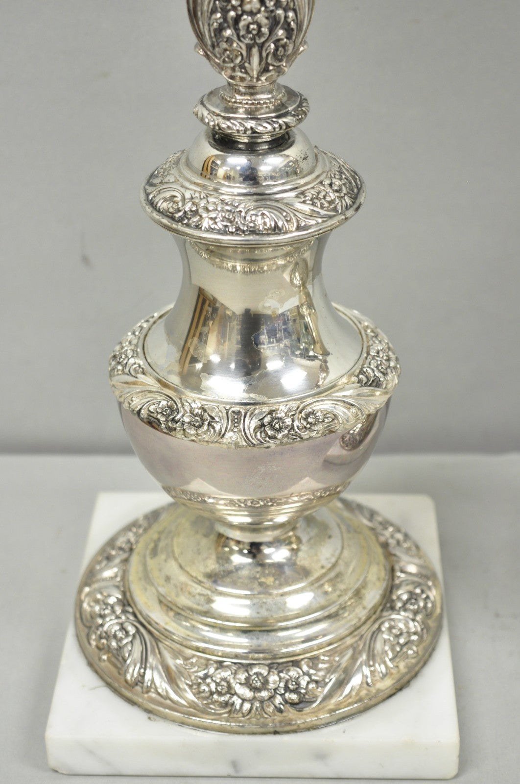 International Victorian Silver Plate Floral Repousse Candlestick Table Lamp Pair