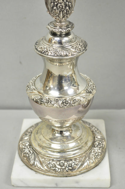International Victorian Silver Plate Floral Repousse Candlestick Table Lamp Pair