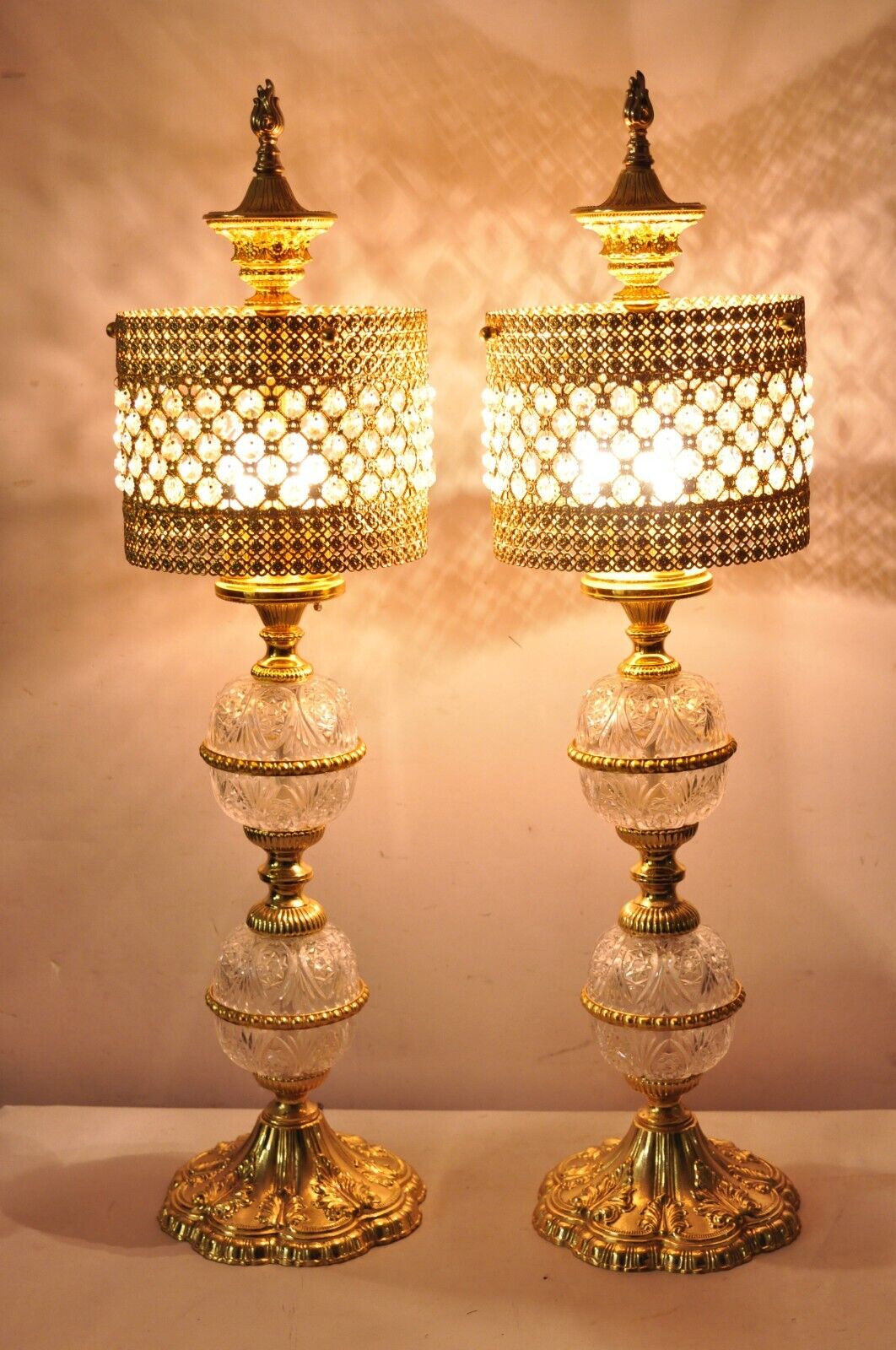 Vintage Italian Hollywoood Regency Gold Glass & Crystal Table Lamps - a Pair