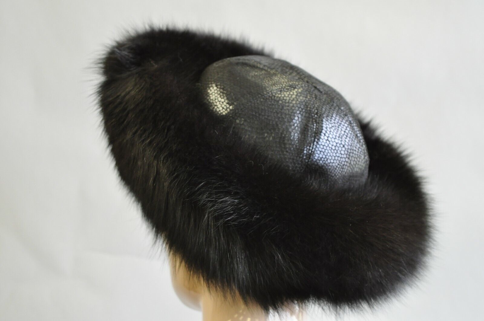 Vintage Boutique Kate's Canada Black Leather Snakeskin Mink Fur Church Derby Hat