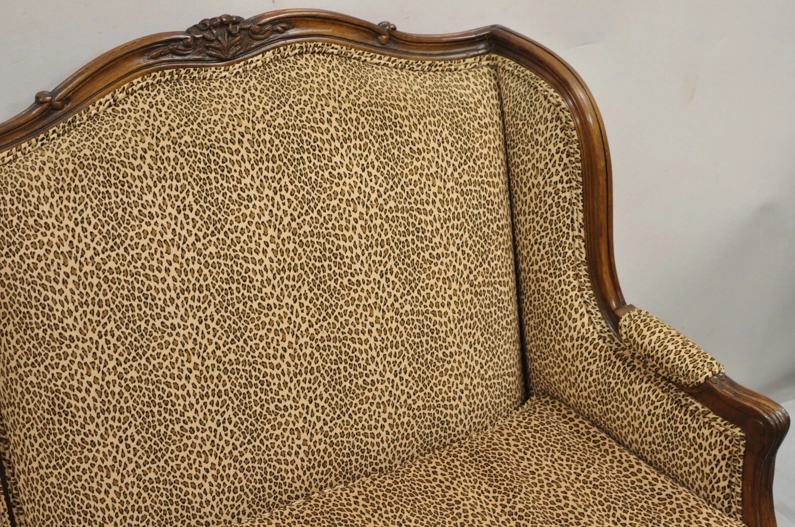 Vintage French Country Louis XV Carved Walnut Cheetah Print Wingback Sofa Settee