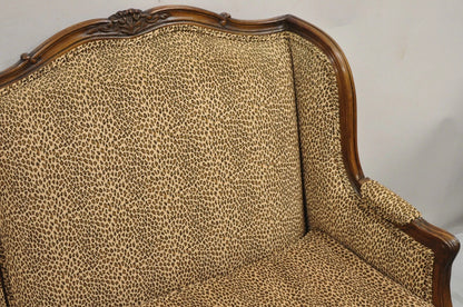 Vintage French Country Louis XV Carved Walnut Cheetah Print Wingback Sofa Settee