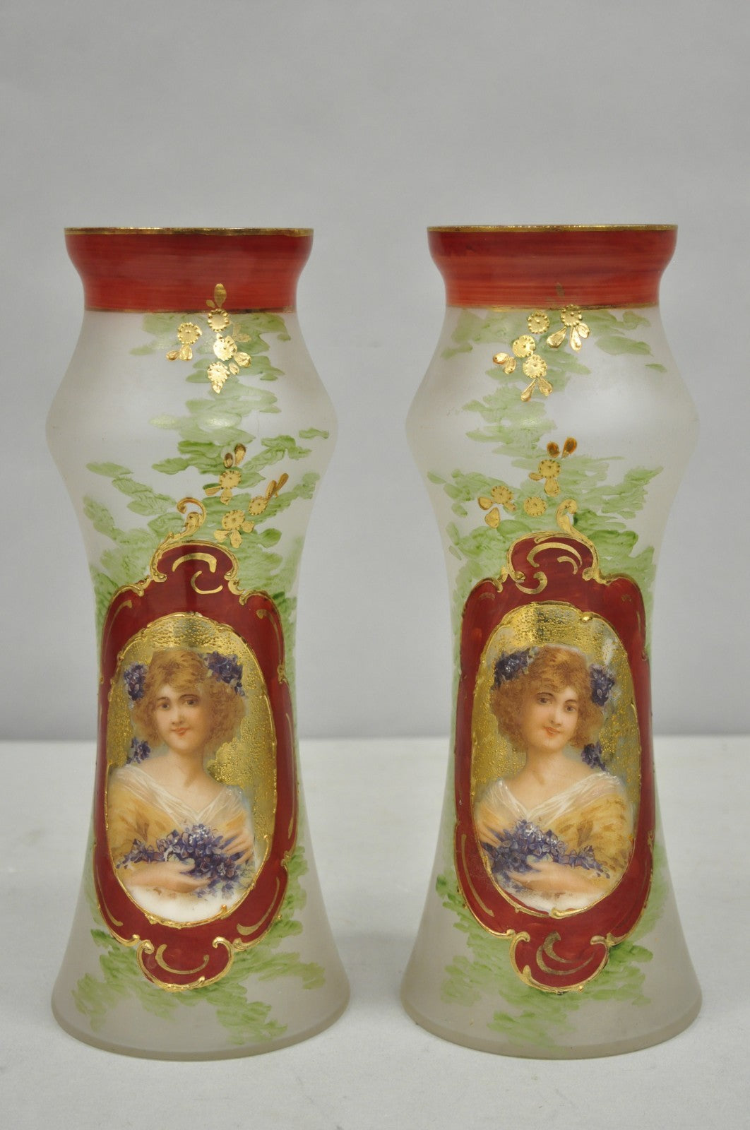 Vintage German Victorian Frosted Glass Painted Figural Woman Bust Vase - a Pair