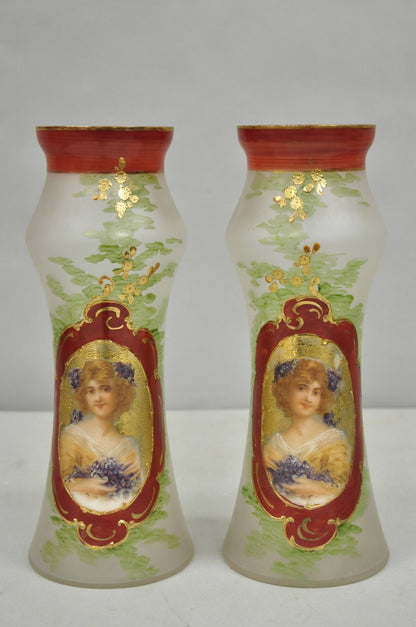 Vintage German Victorian Frosted Glass Painted Figural Woman Bust Vase - a Pair