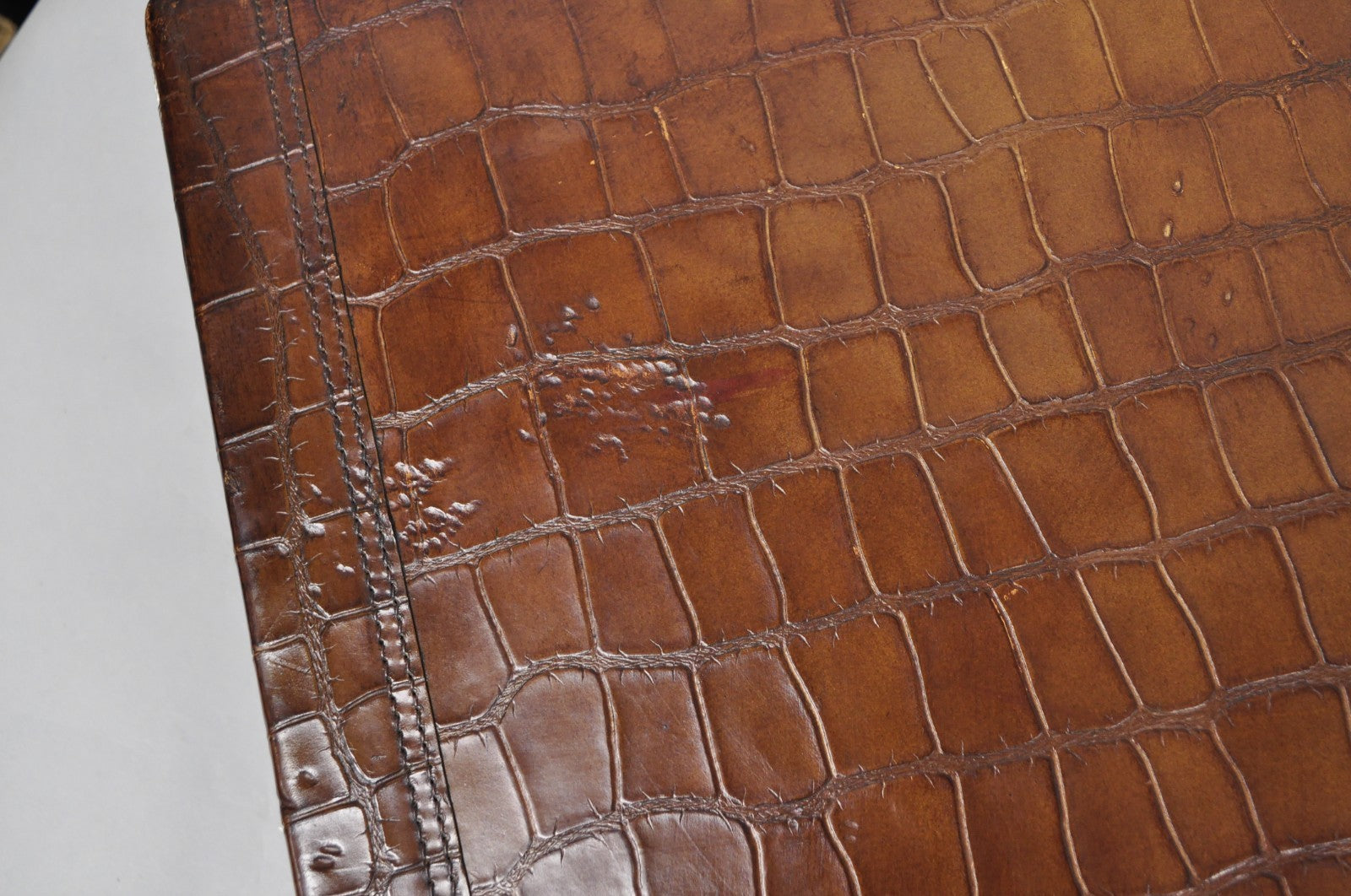 Vintage Art Deco Brown Leather Faux Crocodile Hard Case Suitcase Luggage