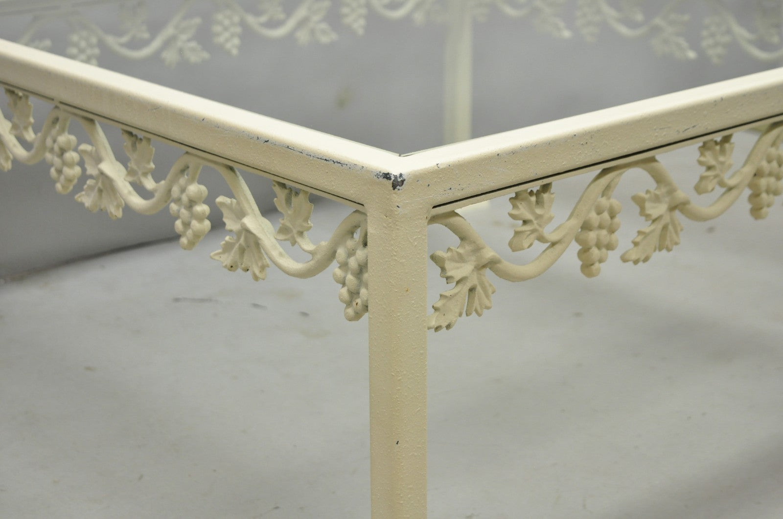 Vintage Woodard Style White Wrought Iron "Grapevine" Square Glass Coffee Table