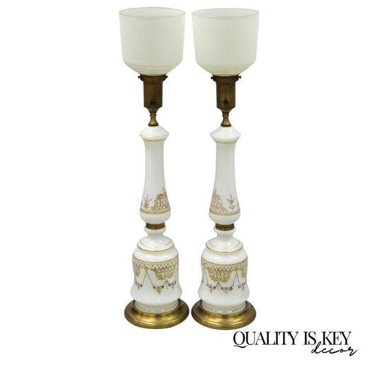 Vintage French Neoclassical Gold Gilt White Porcelain Column Table Lamps - Pair