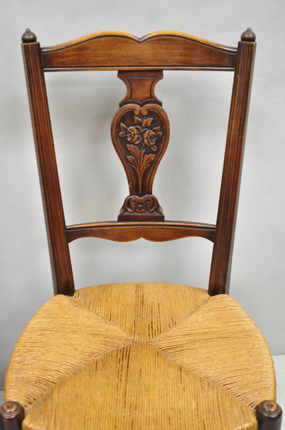Antique William & Mary Style Carved Walnut Rose Rush Seat Side Chairs - a Pair