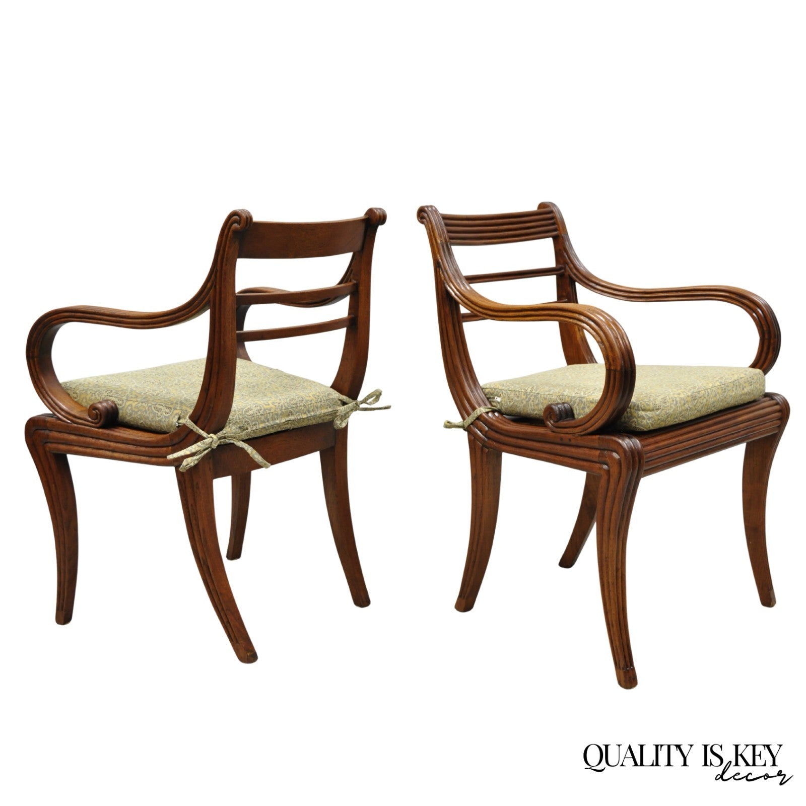 Vintage English Regency Style Cane Seat Mahogany Saber Leg Arm Chairs - a Pair