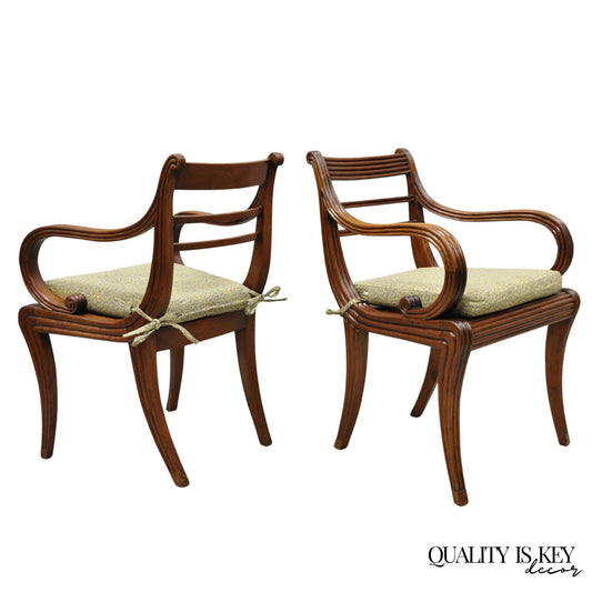 Vintage English Regency Style Cane Seat Mahogany Saber Leg Arm Chairs - a Pair