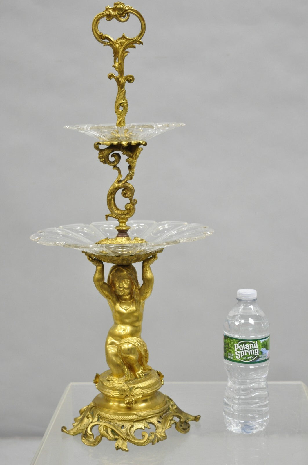French Baroque Louis XV Gold Gilt Bronze Cherub & Glass 2 Tier Candy Dish Stand
