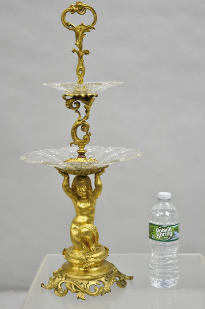 French Baroque Louis XV Gold Gilt Bronze Cherub & Glass 2 Tier Candy Dish Stand