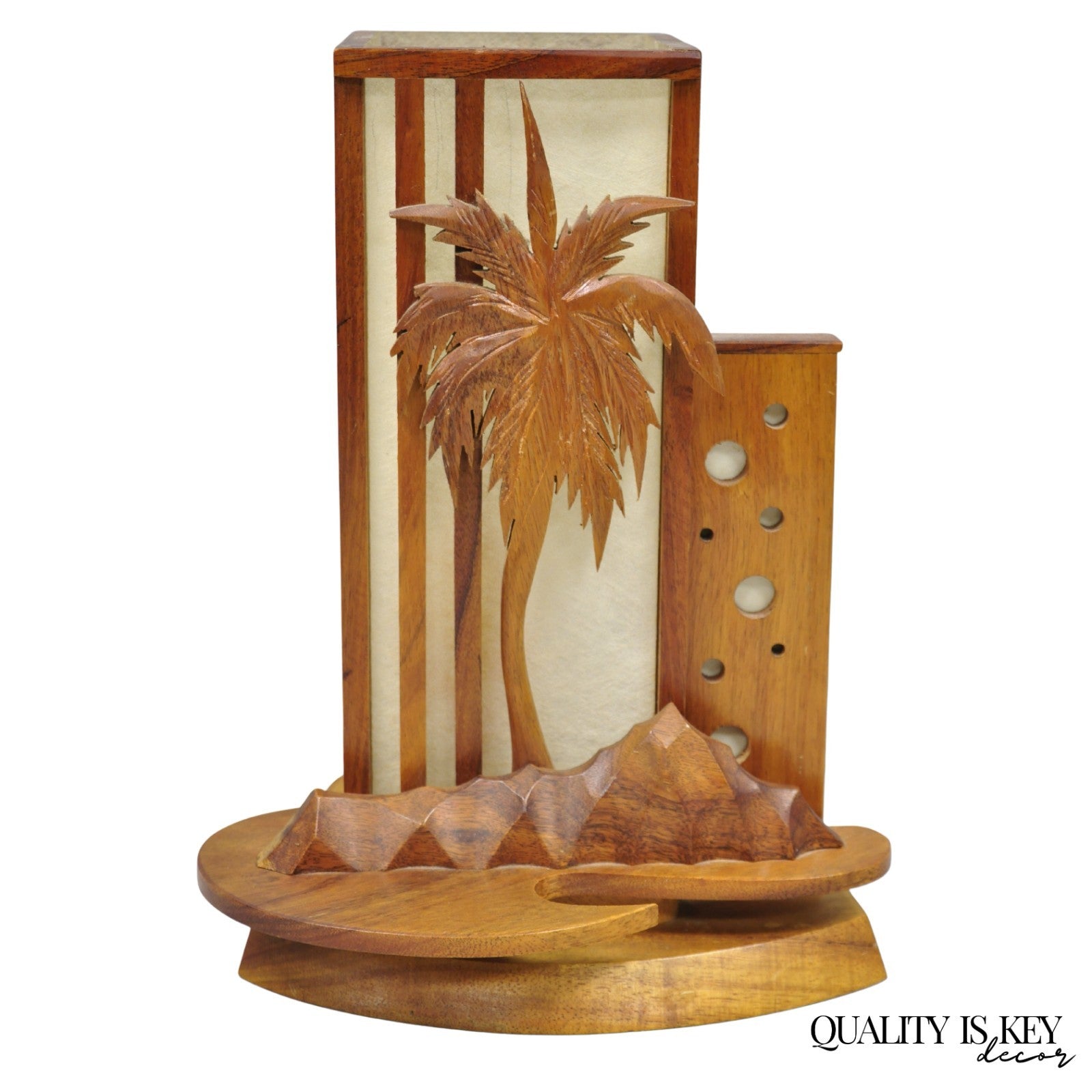 Vintage Mid Century Modern Carved Hawaiian Koa Wood Palm Tree Tiki Table Lamp