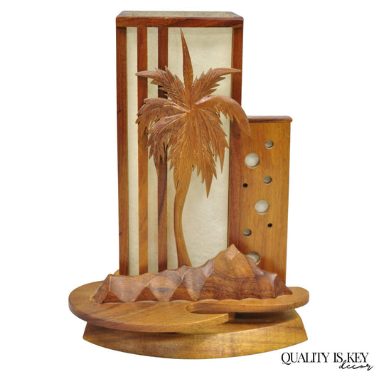 Vintage Mid Century Modern Carved Hawaiian Koa Wood Palm Tree Tiki Table Lamp
